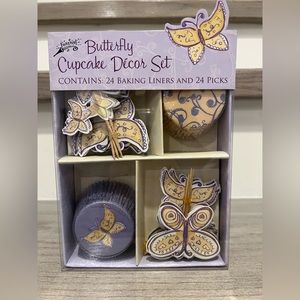 Brand New In Box butterfly cupcake decoration set. Purple & Yellow.